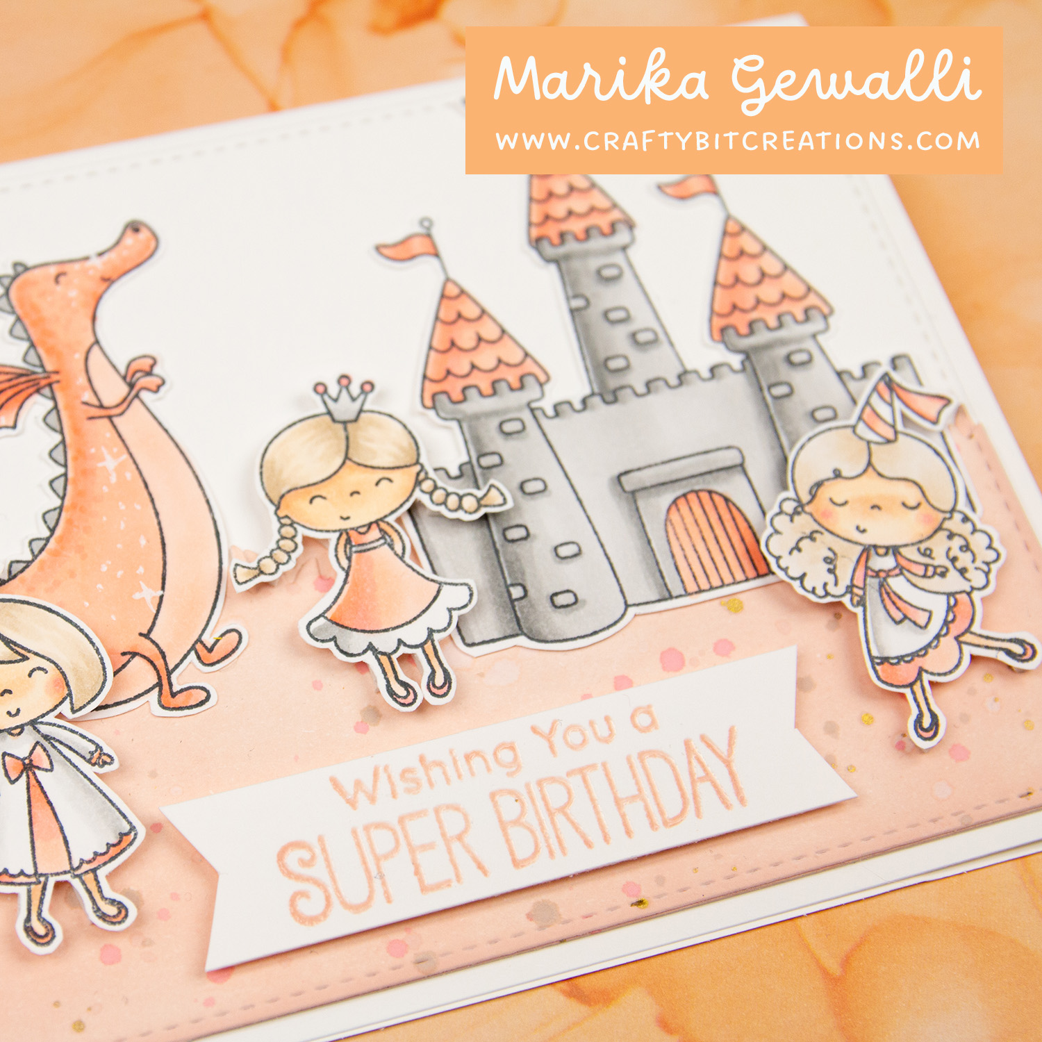 Close up on sentiment wishing you a super birthday with stamped and colored preincesses around