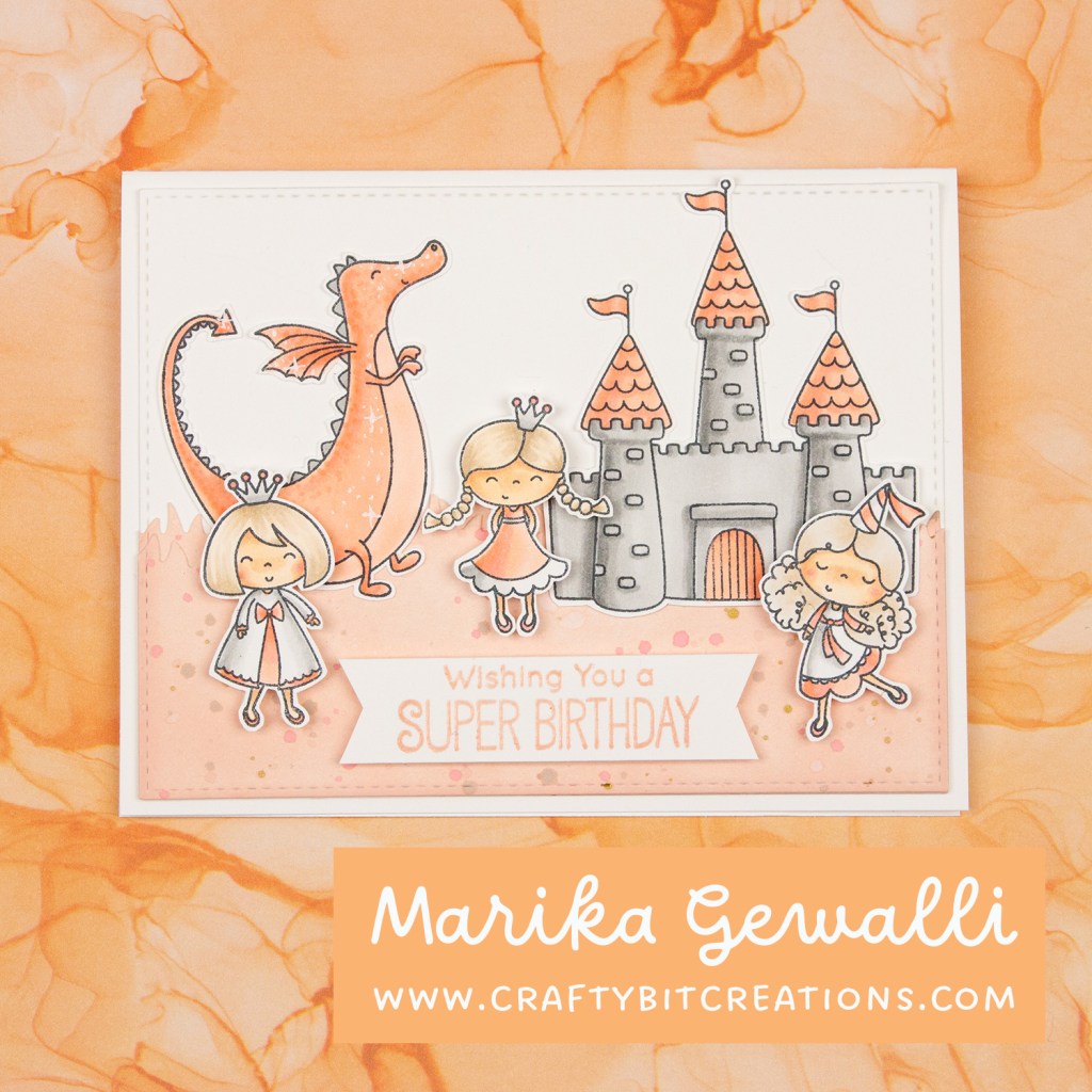 Top view of card in the style of build a scene with stamps from stampset fairy-tale friendship