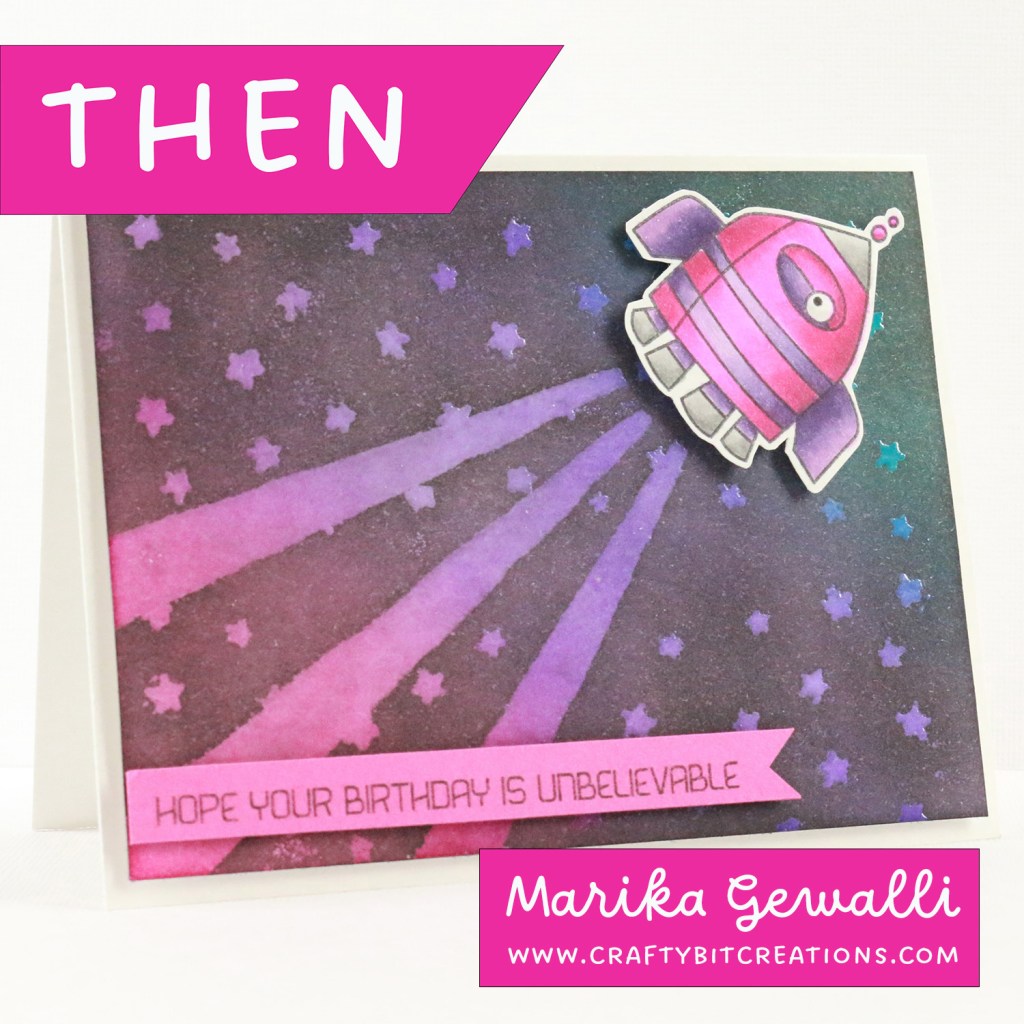 handmade card with space background and a rocket in pink and purples