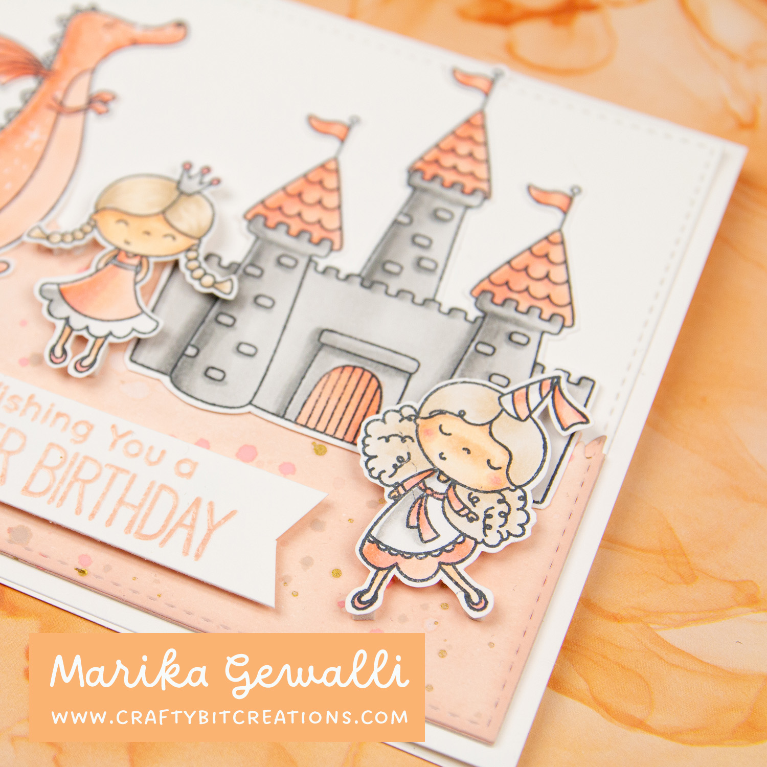 Closeup on stamped and coloring dansing princess with a castle in the background