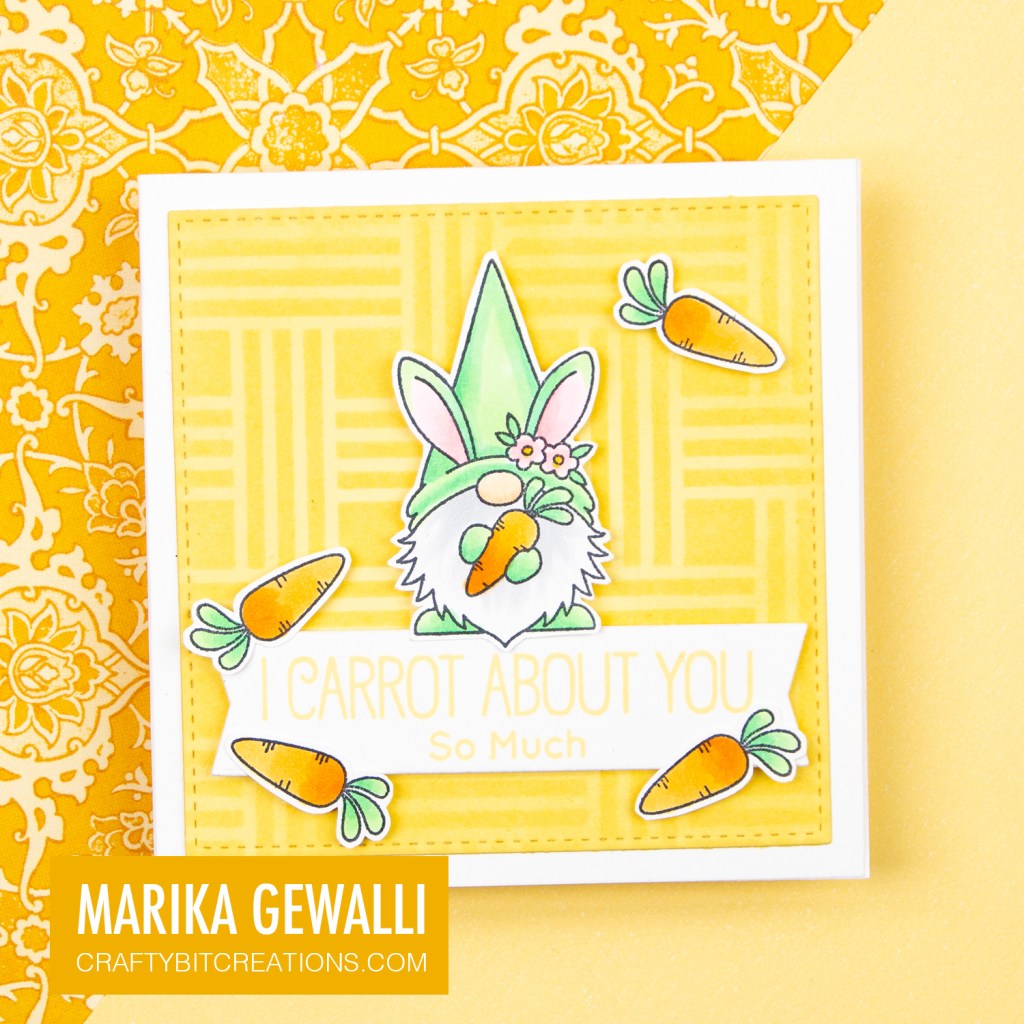 I Carrot About You card showing Bunny Gnome holding carrot