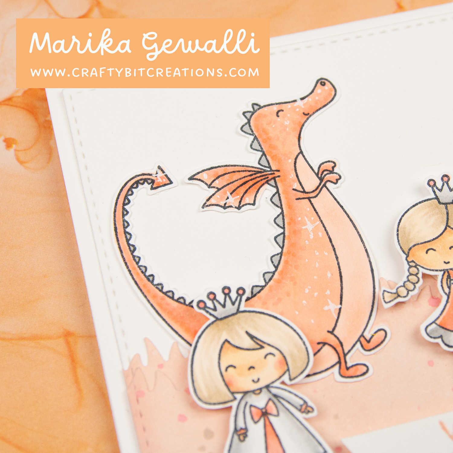 Closeup stamped and colored dragon with a princess in the foreground