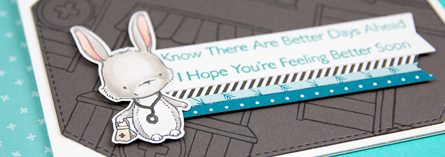 Masculine Get Well Soon Card featuring a bunny doctor and a little doctors in sign. With the sentiment Know There Are Better Days Ahead, I Hope You're Feeling Better Soon With Close up of bunny