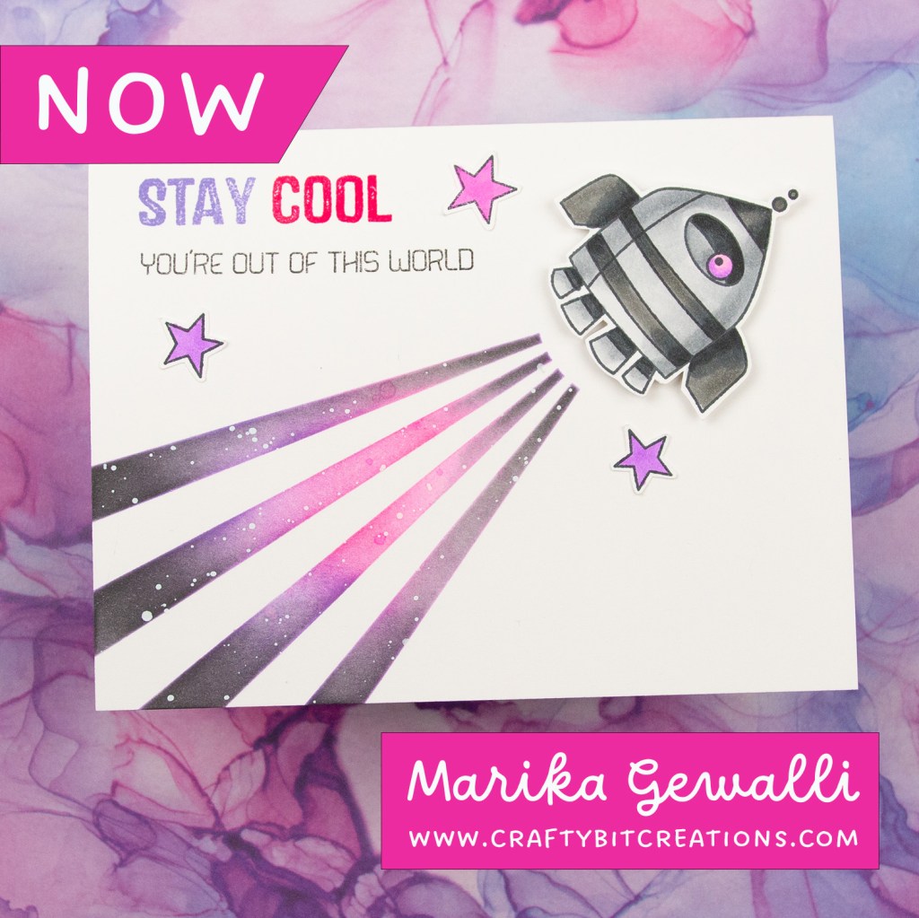 Front of card, depicting rays with a galaxy coming out of a grey rocket with purple and pink stars around it. Sentiment that says "stay cool you're out of this world"