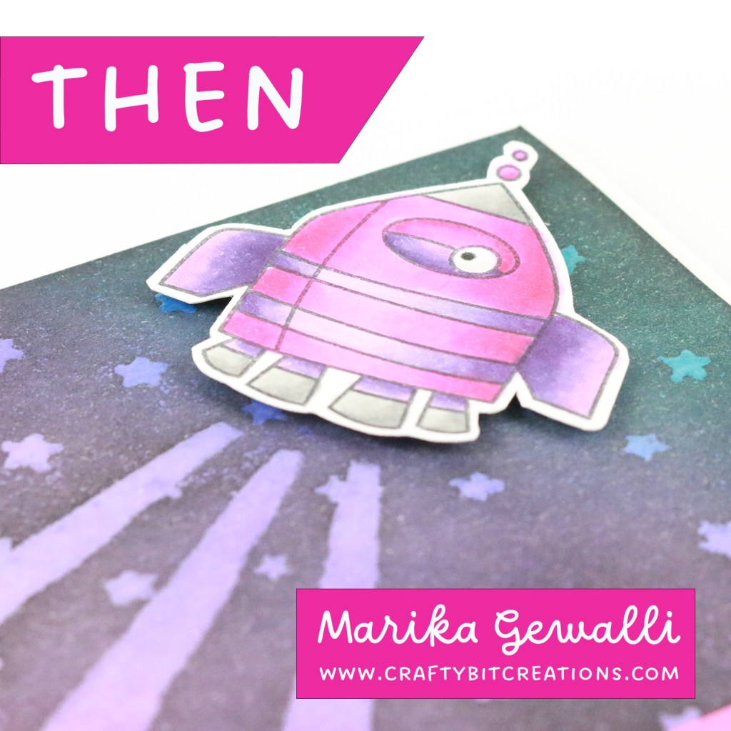 Close up of rocket colored with copics in pinks and purples.