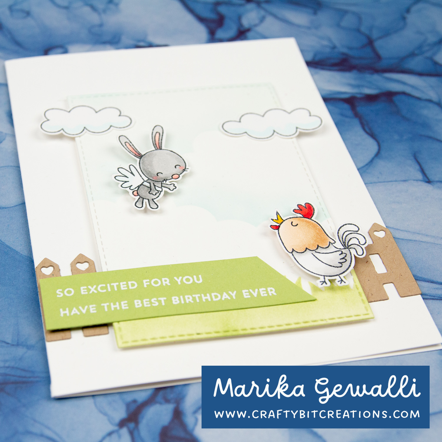 close up card with rooset and bunny with wings and sentiment so excited for you have the best birthday ever