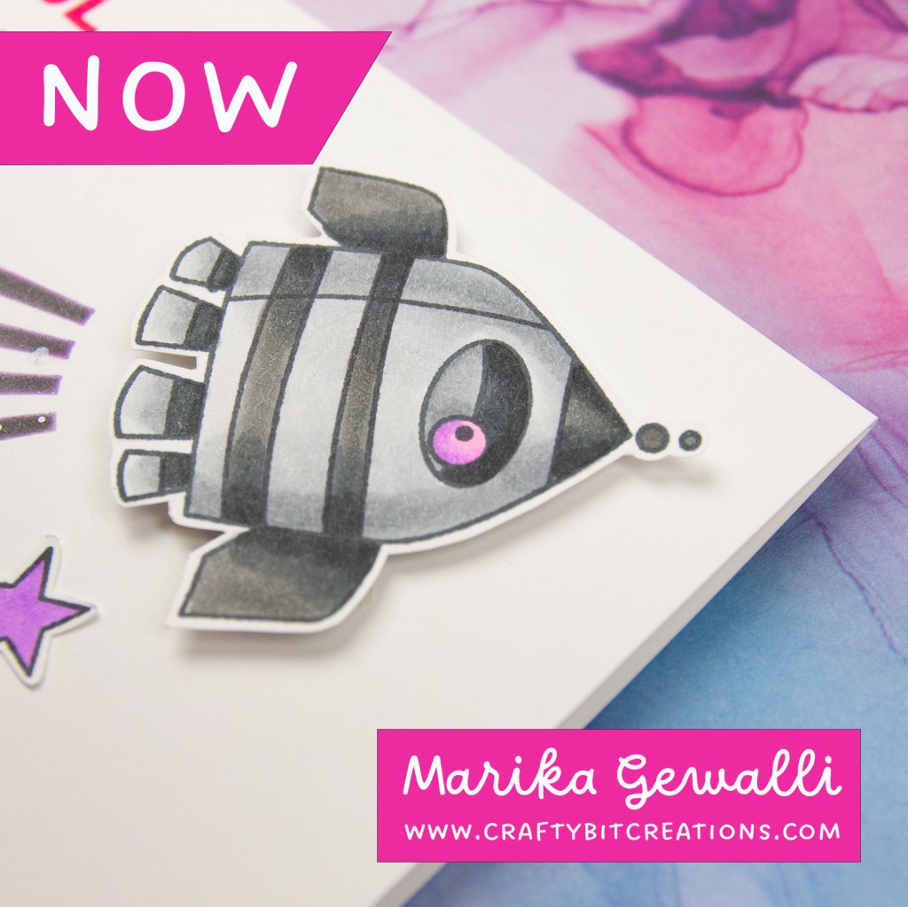 close up of rocket colored in greys and black with a purple dot