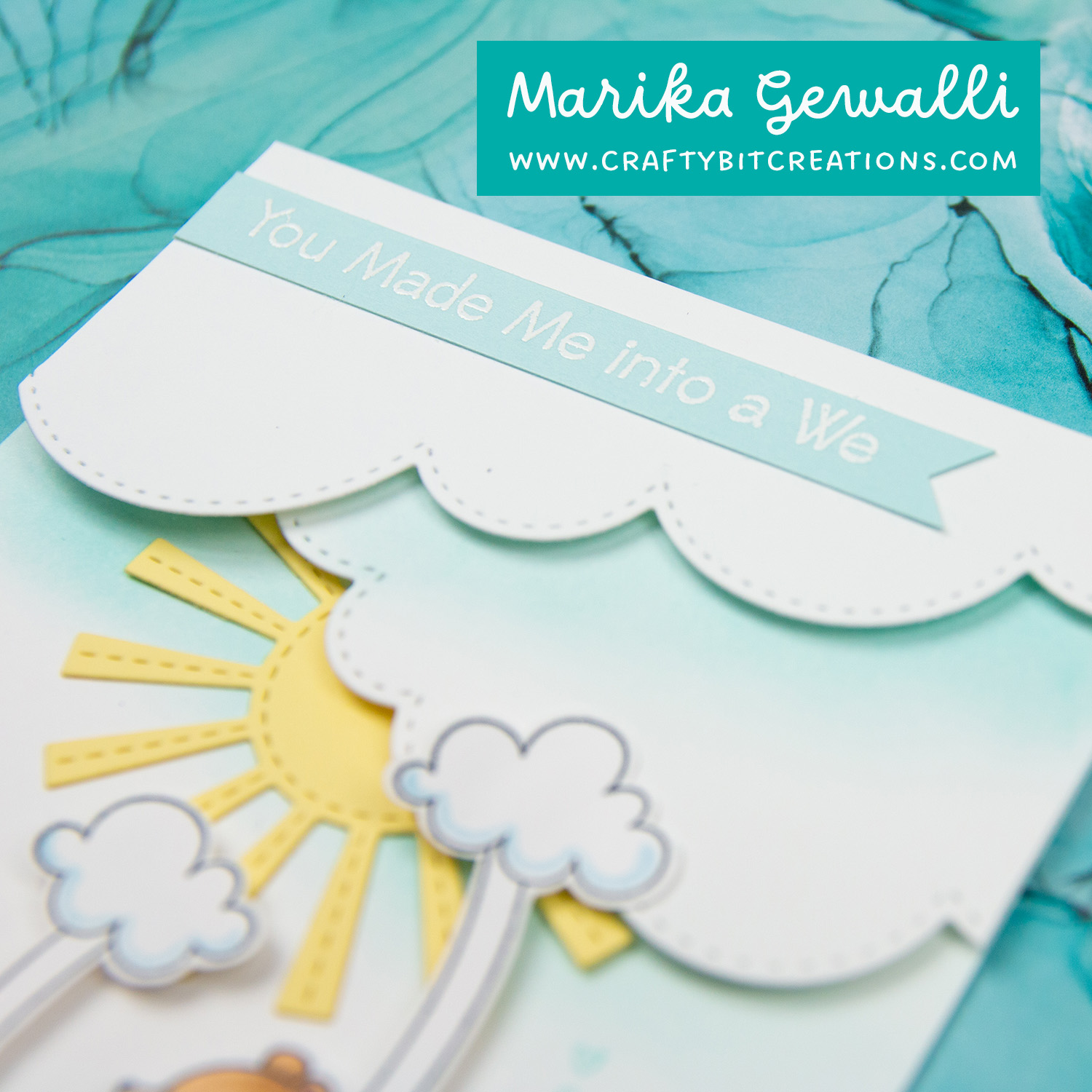 Close up of sentiment stamped and then heat embossed in white on sno cone card stock, saying "you made me into a we"