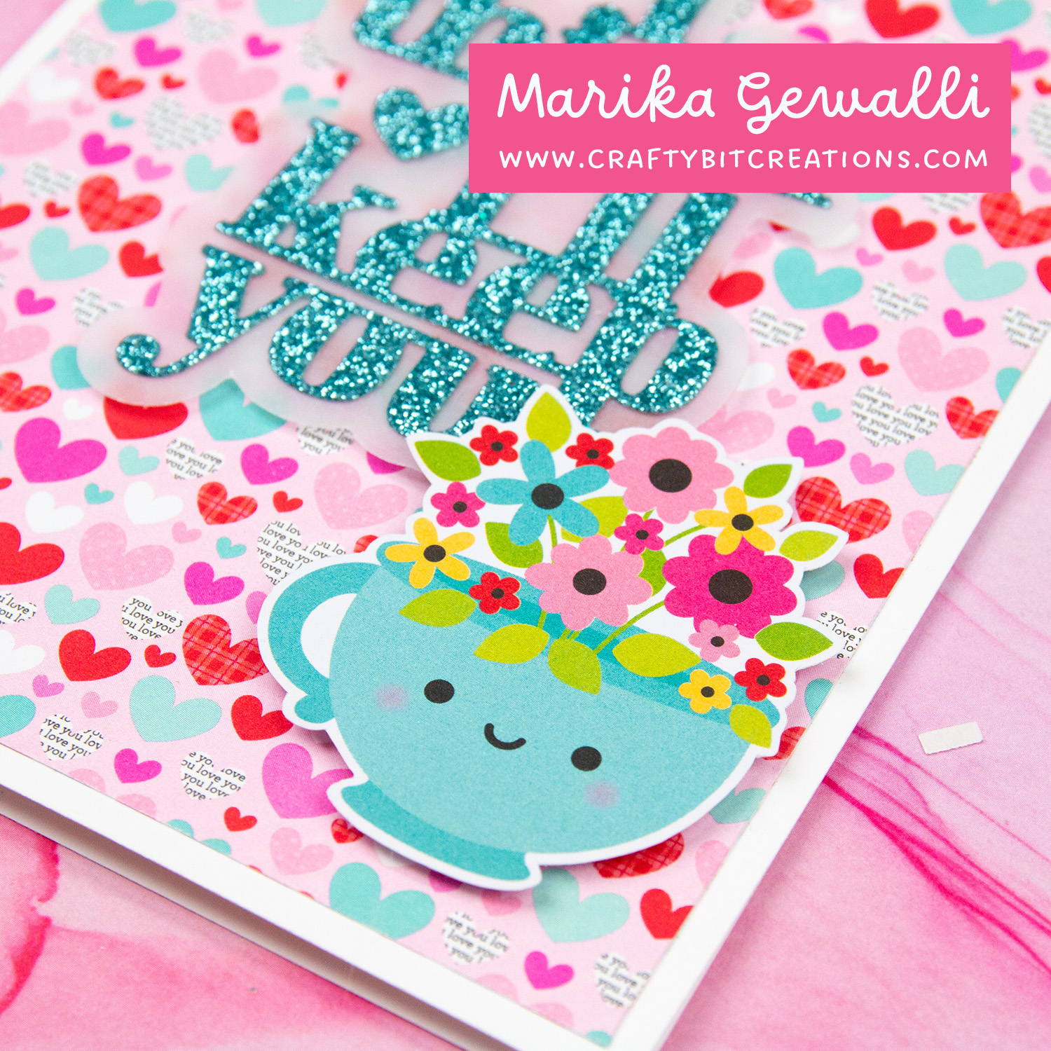 Close up A2 card with pattern paper & diecut from doodlebug designs and sentiment diecut from simon says stamp