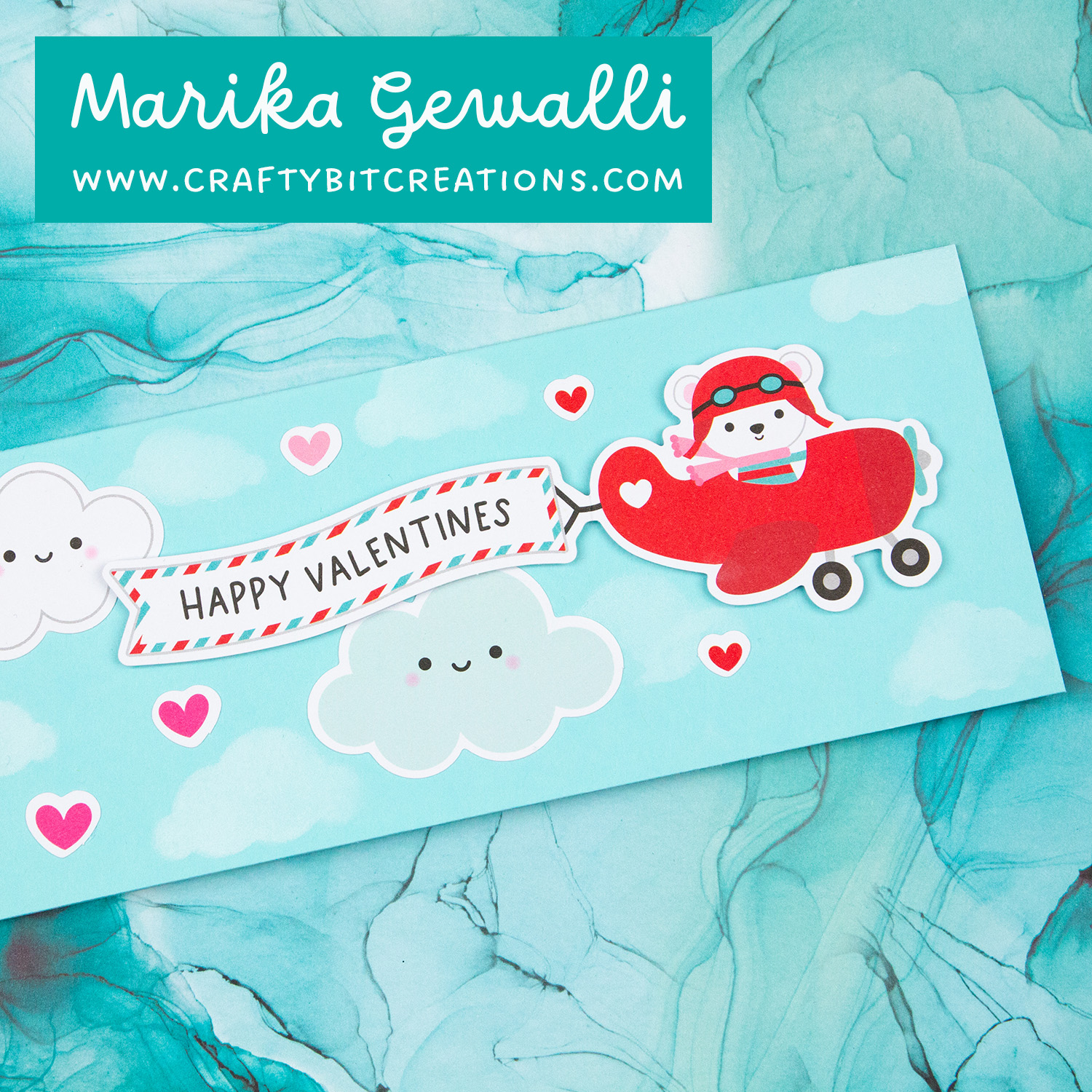 Close up slimline card with diecuts from doodlebug designs showing a plane with a flag following, clouds and hearts