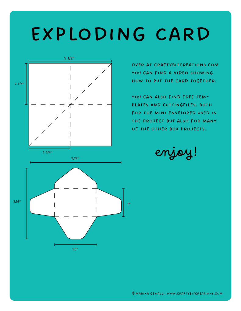 showing the cut dimensions and scoring lines to make exploding card