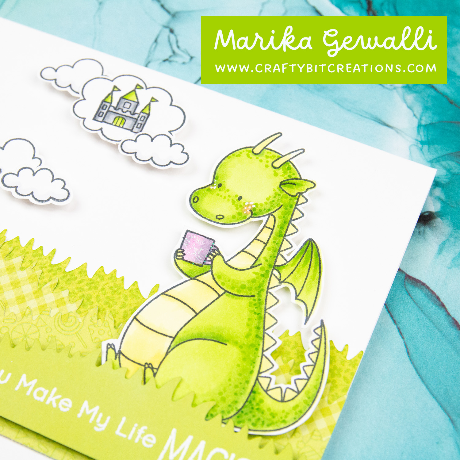 closeup of handmade card with a copic colored dragon