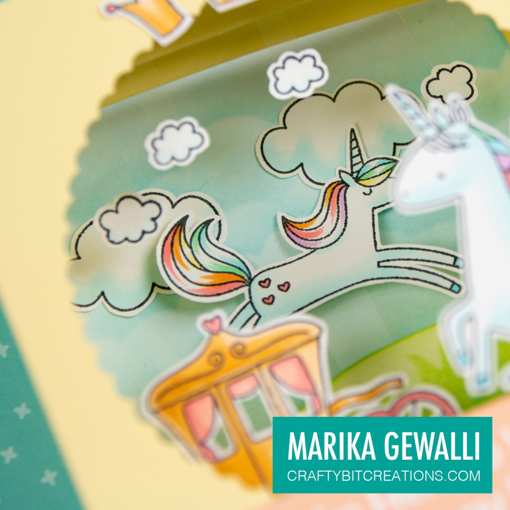 Close up of the unicorn in the back of the shadowbox card.