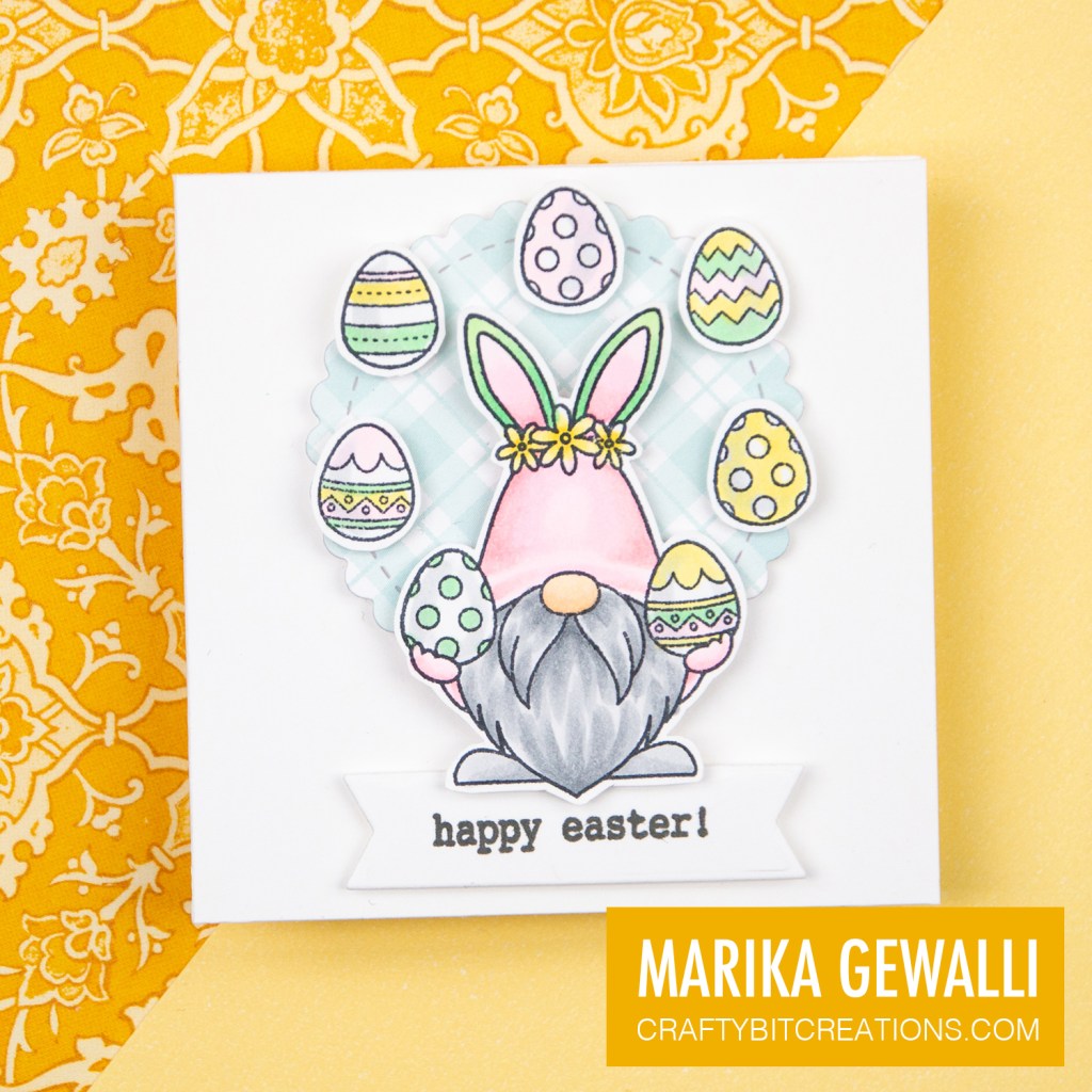 Easter card showing bunny gnome juggling eggs.