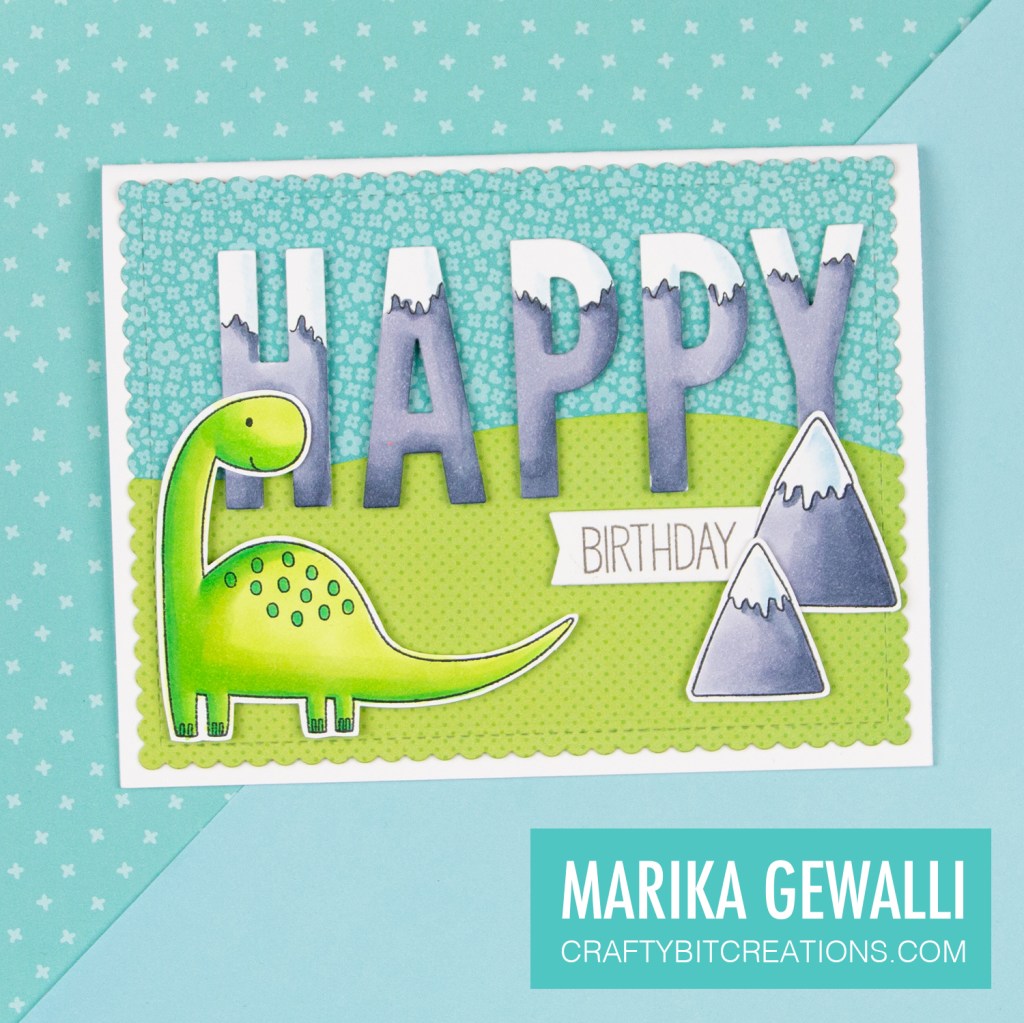 Full image of birthday card depicting a prehistoric scene with a dinousaur and letters looking like mountains