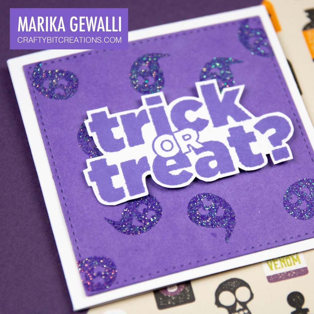 Mini Halloween Card With Trick Or Treat Sentiment And Glittered Ghost In Background At Angle