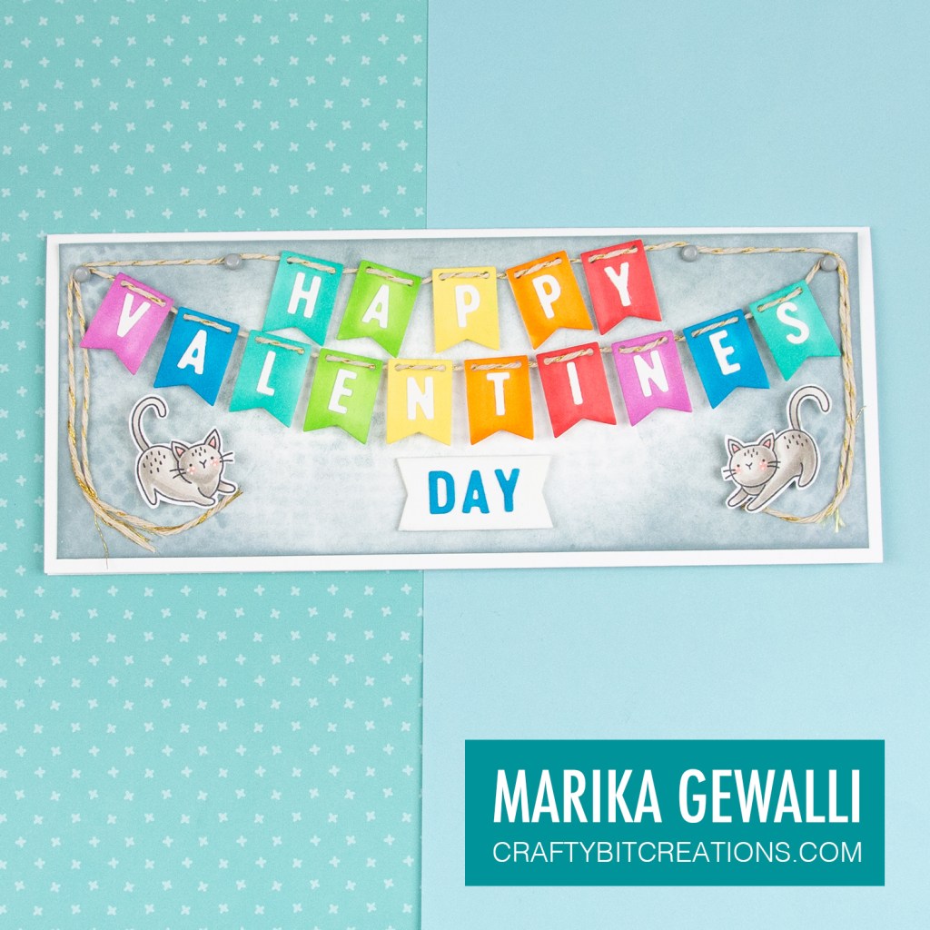 Slimeline card with a flag banner sentiment spelling HAPPY VALENTINES