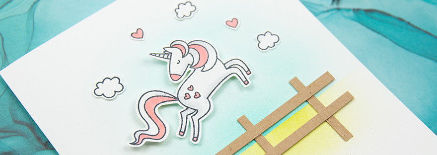 Showing part of the card created for this post, unicorn jumping over a fence
