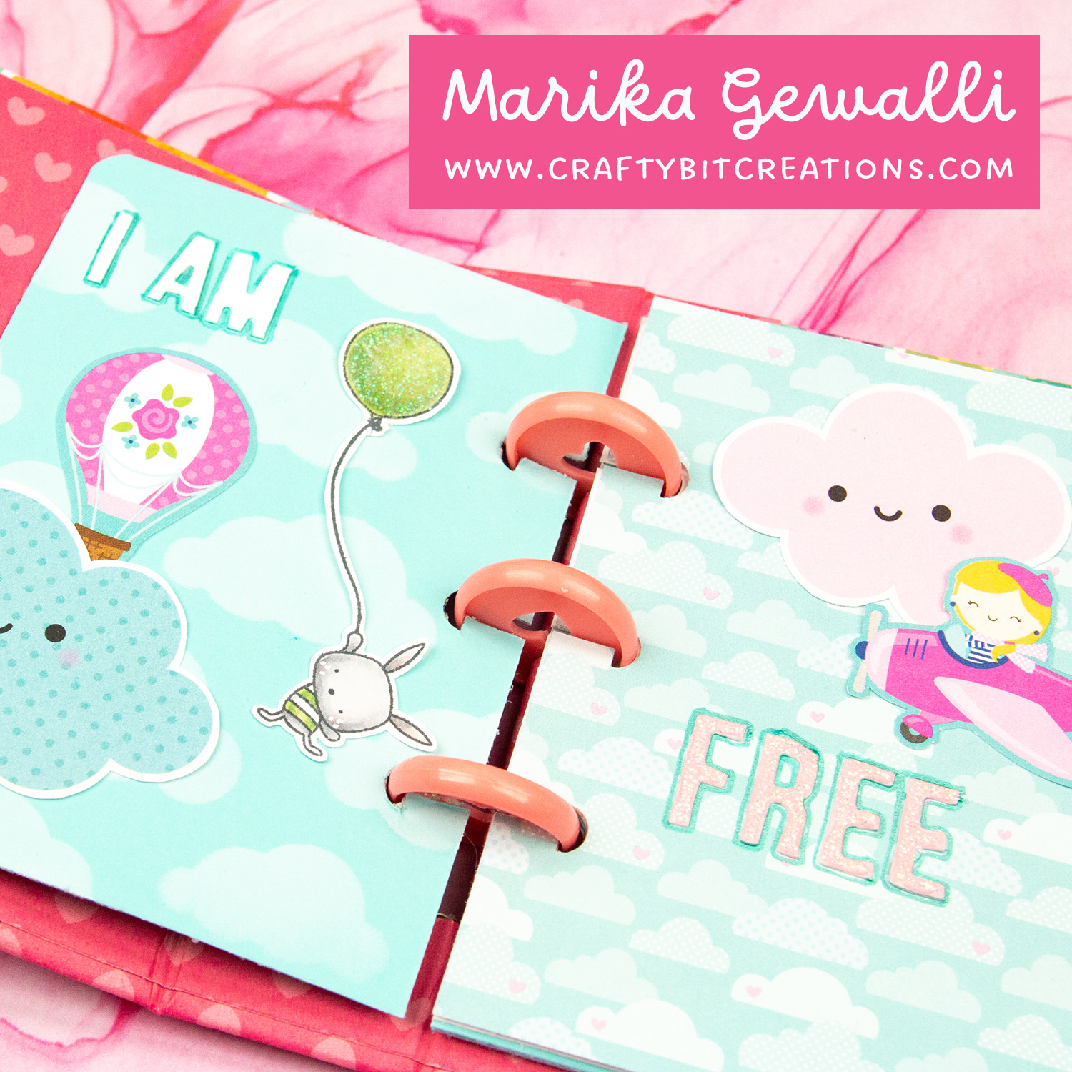 second layout, left side balloon coming up behind a cloud, bunny flying holding a ballon and text i am, left side airplane in front of cloud text free